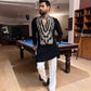 BLACK STYLISH NECK PATTERN  EMBROIDERED WORK KURTA WITH PAJAMA FOR MENS