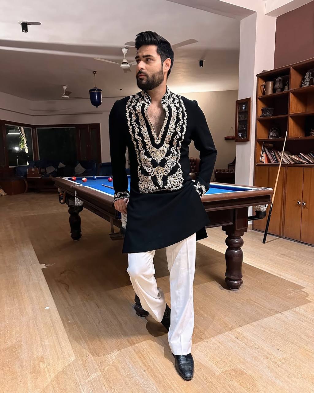 BLACK STYLISH NECK PATTERN  EMBROIDERED WORK KURTA WITH PAJAMA FOR MENS