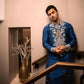 BLUE NACK SATIN EMBROIDERED KURTA WITH PAJAMA SET