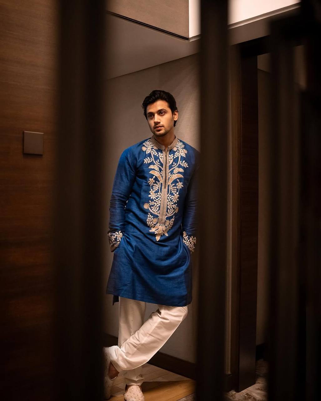 BLUE NACK SATIN EMBROIDERED KURTA WITH PAJAMA SET