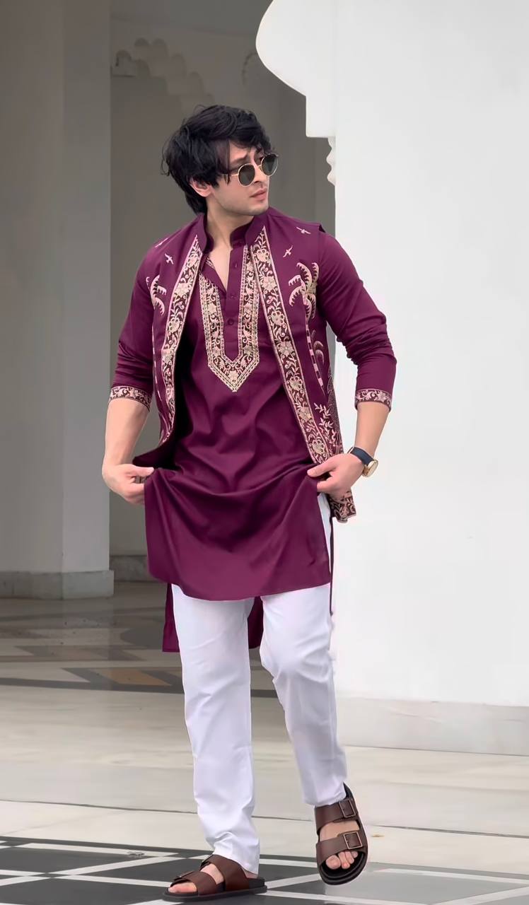 PURPLE EMBROIDERED WAISTCOAT AND KURTA PAJAMA SET