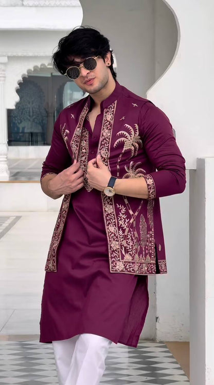 PURPLE EMBROIDERED WAISTCOAT AND KURTA PAJAMA SET