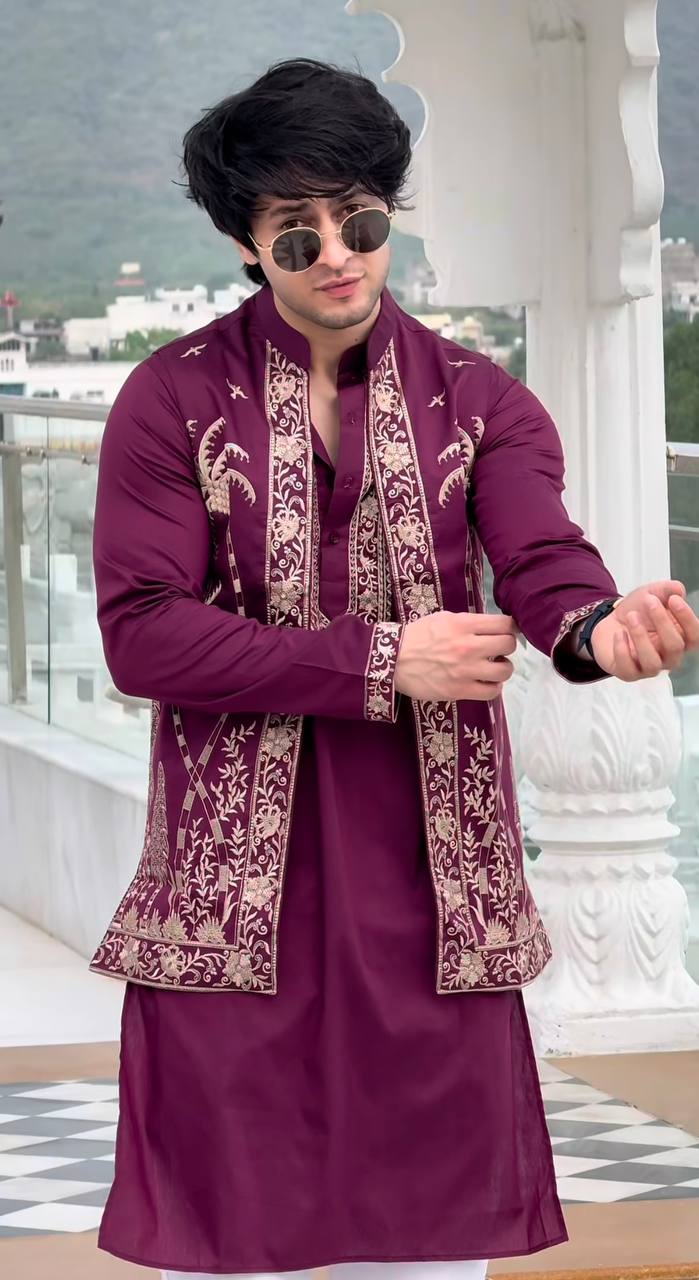 PURPLE EMBROIDERED WAISTCOAT AND KURTA PAJAMA SET