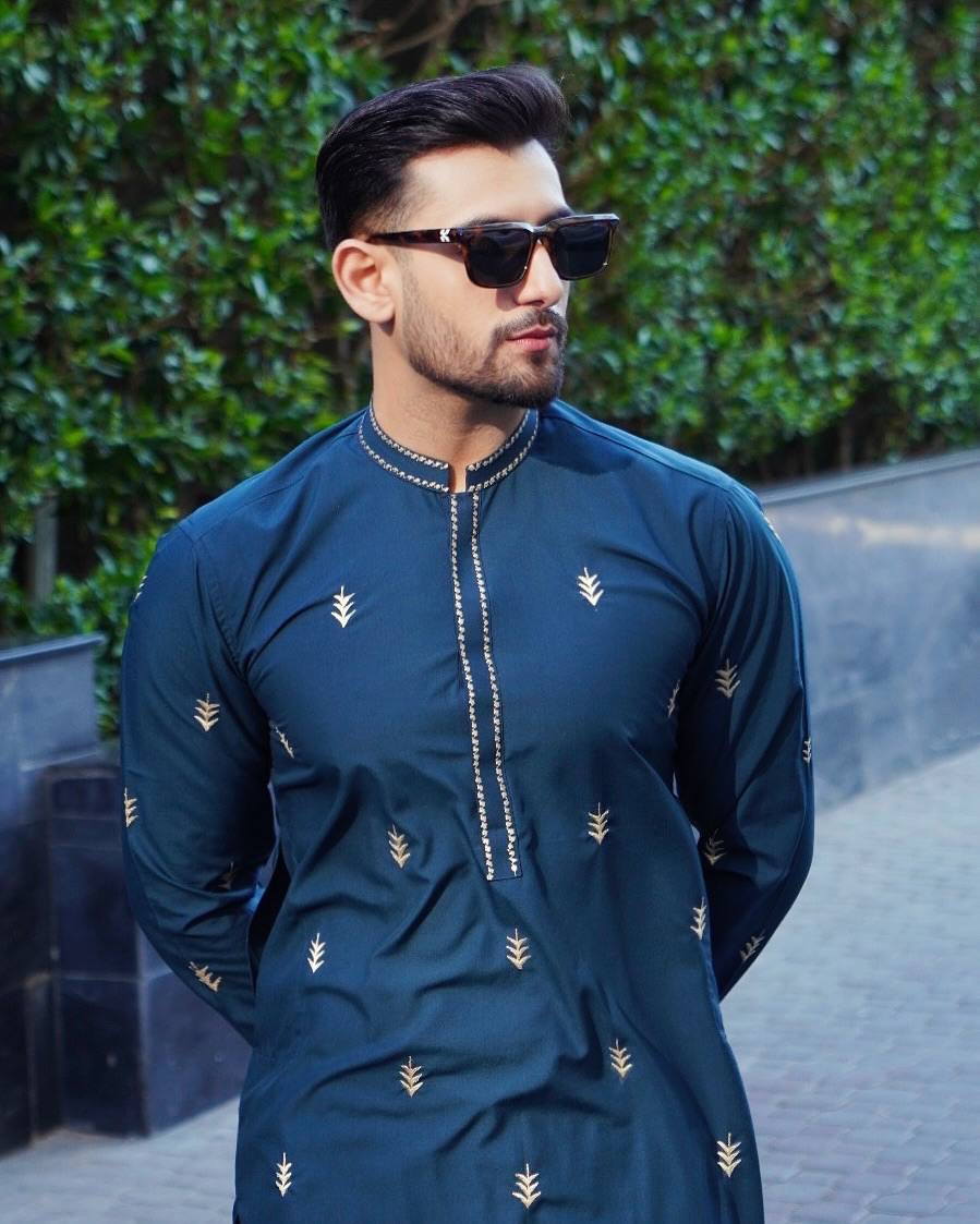 STEEL BLUE EMBROIDERED DESIGNER MEN'S KURTA PAJAMA