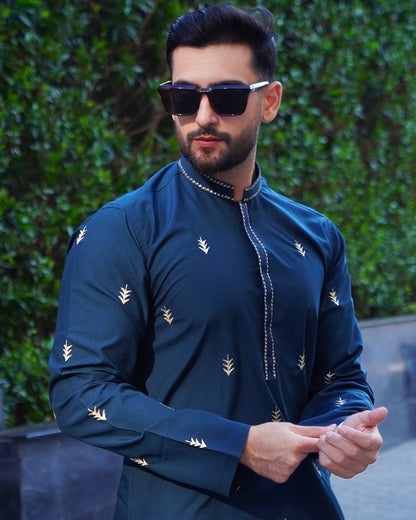 STEEL BLUE EMBROIDERED DESIGNER MEN'S KURTA PAJAMA