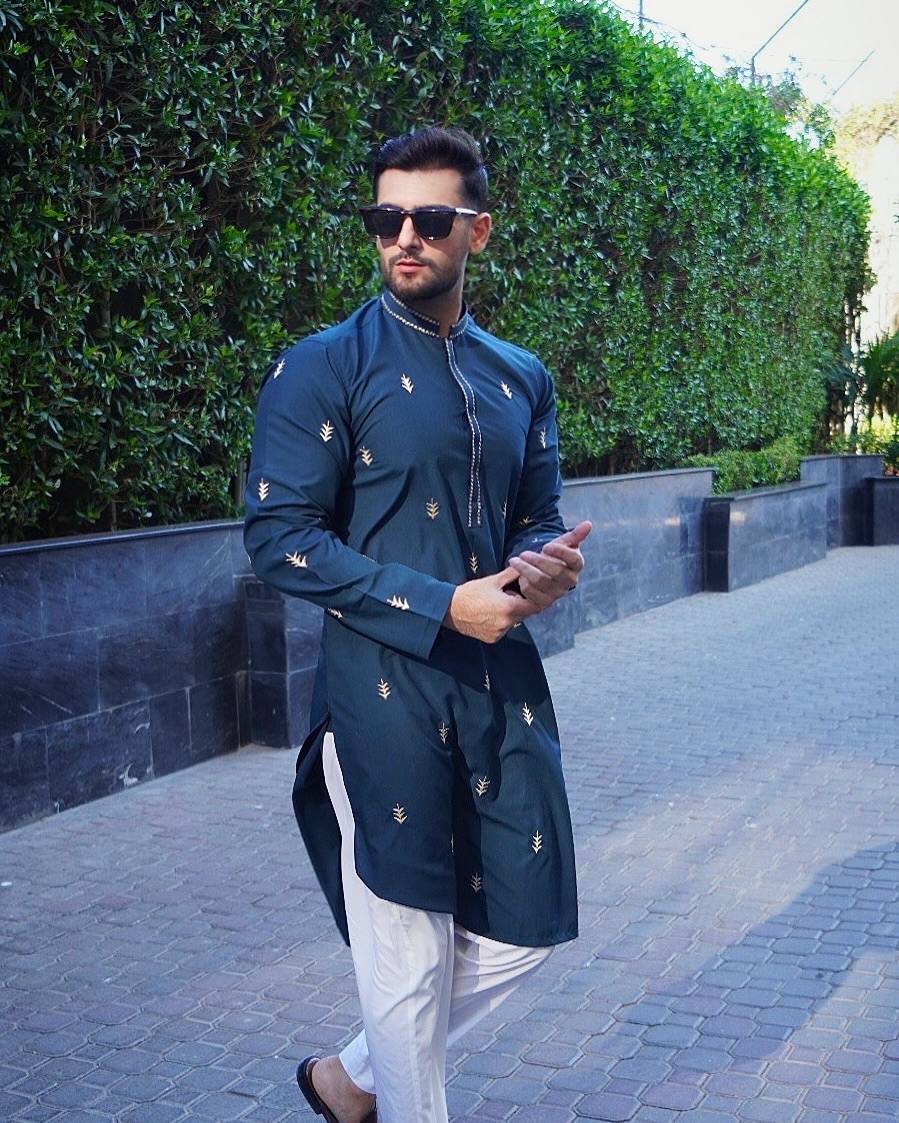 STEEL BLUE EMBROIDERED DESIGNER MEN'S KURTA PAJAMA