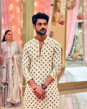 CREAM COLORED KURTA WITH BLACK LEAF MOTIFS KURTA WITH PAJAMA
