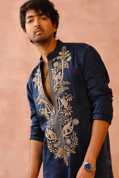 BLUE  NACK SATIN MONKEY  EMBROIDERED KURTA WITH PAJAMA SET