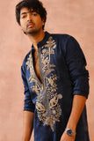 BLUE  NACK SATIN MONKEY  EMBROIDERED KURTA WITH PAJAMA SET