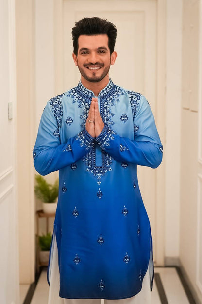 BLUE NECK AND BUTTI  EMBROIDERED WORK KURTA PAJAMA SET FOR MEN'S