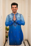 BLUE NECK AND BUTTI  EMBROIDERED WORK KURTA PAJAMA SET FOR MEN'S