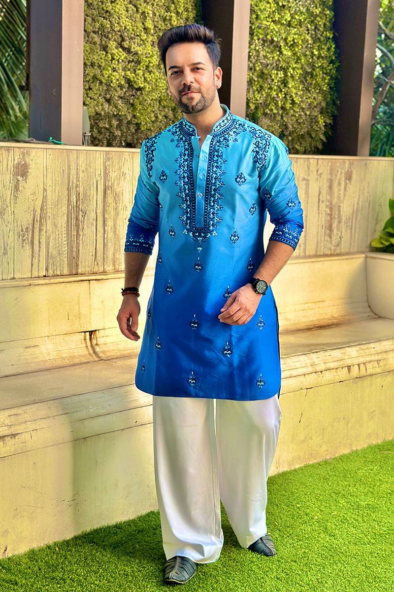 BLUE NECK AND BUTTI  EMBROIDERED WORK KURTA PAJAMA SET FOR MEN'S
