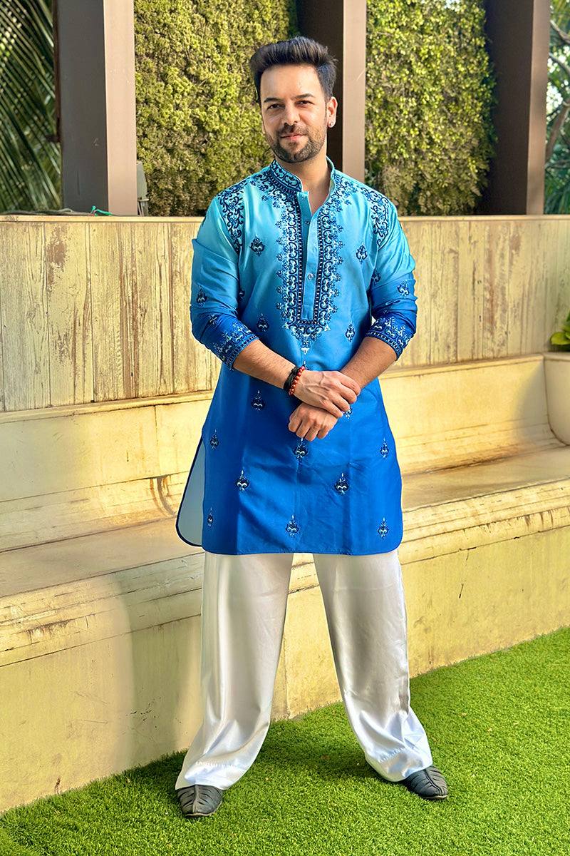 BLUE NECK AND BUTTI  EMBROIDERED WORK KURTA PAJAMA SET FOR MEN'S