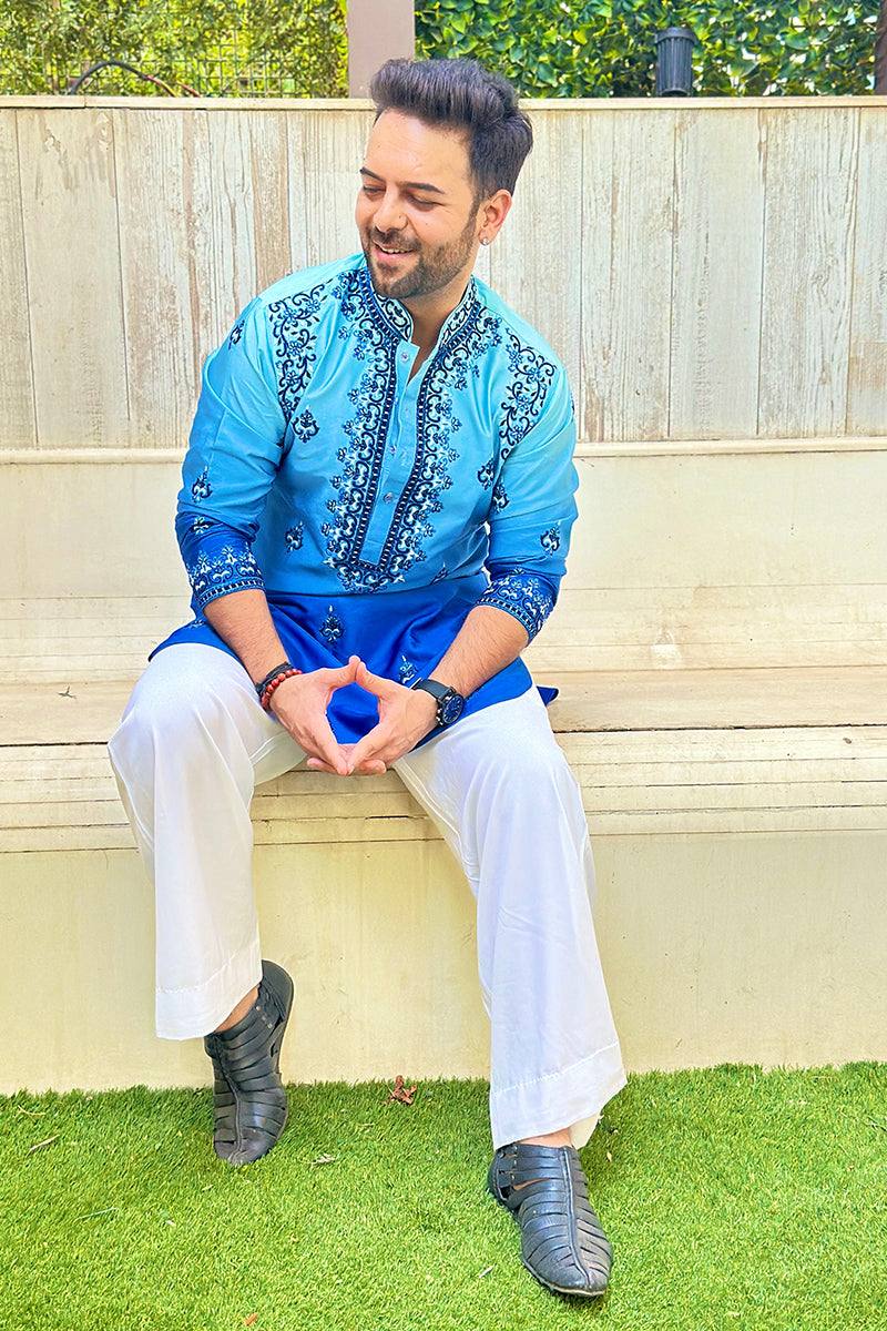 BLUE NECK AND BUTTI  EMBROIDERED WORK KURTA PAJAMA SET FOR MEN'S