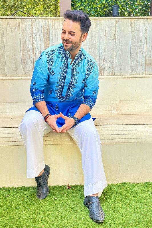 BLUE NECK AND BUTTI  EMBROIDERED WORK KURTA PAJAMA SET FOR MEN'S
