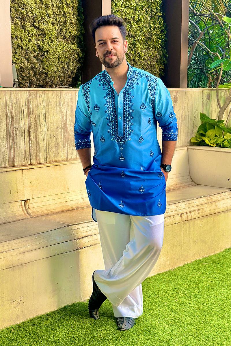 BLUE NECK AND BUTTI  EMBROIDERED WORK KURTA PAJAMA SET FOR MEN'S