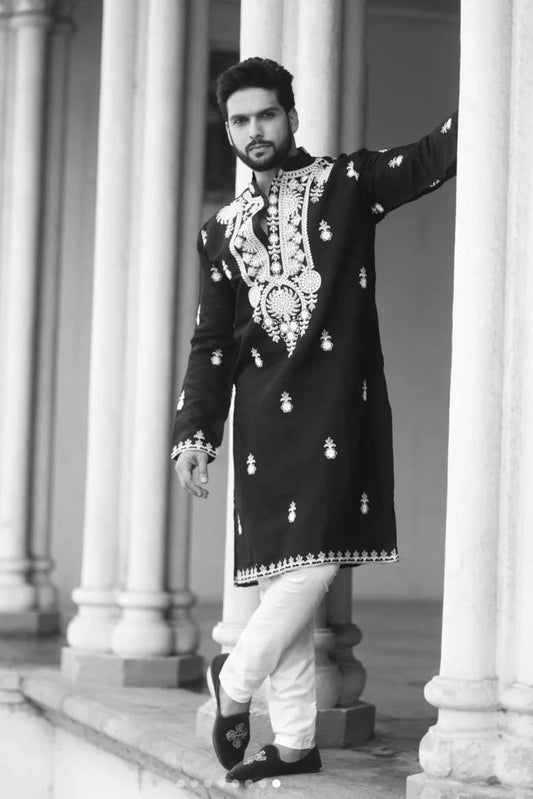 BLACK COTTON NECK EMBROIDERED KURTA PAJAMA SET