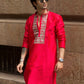 RED JARI ELEPHANT EMBROIDERED WORK KURTA PAJAMA SET FOR MEN'S