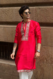 RED JARI ELEPHANT EMBROIDERED WORK KURTA PAJAMA SET FOR MEN'S