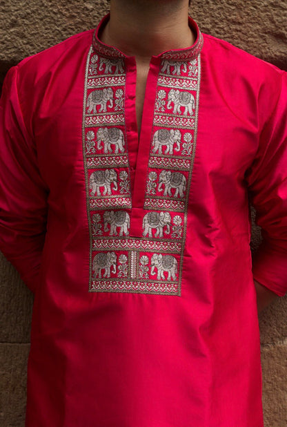 RED JARI ELEPHANT EMBROIDERED WORK KURTA PAJAMA SET FOR MEN'S