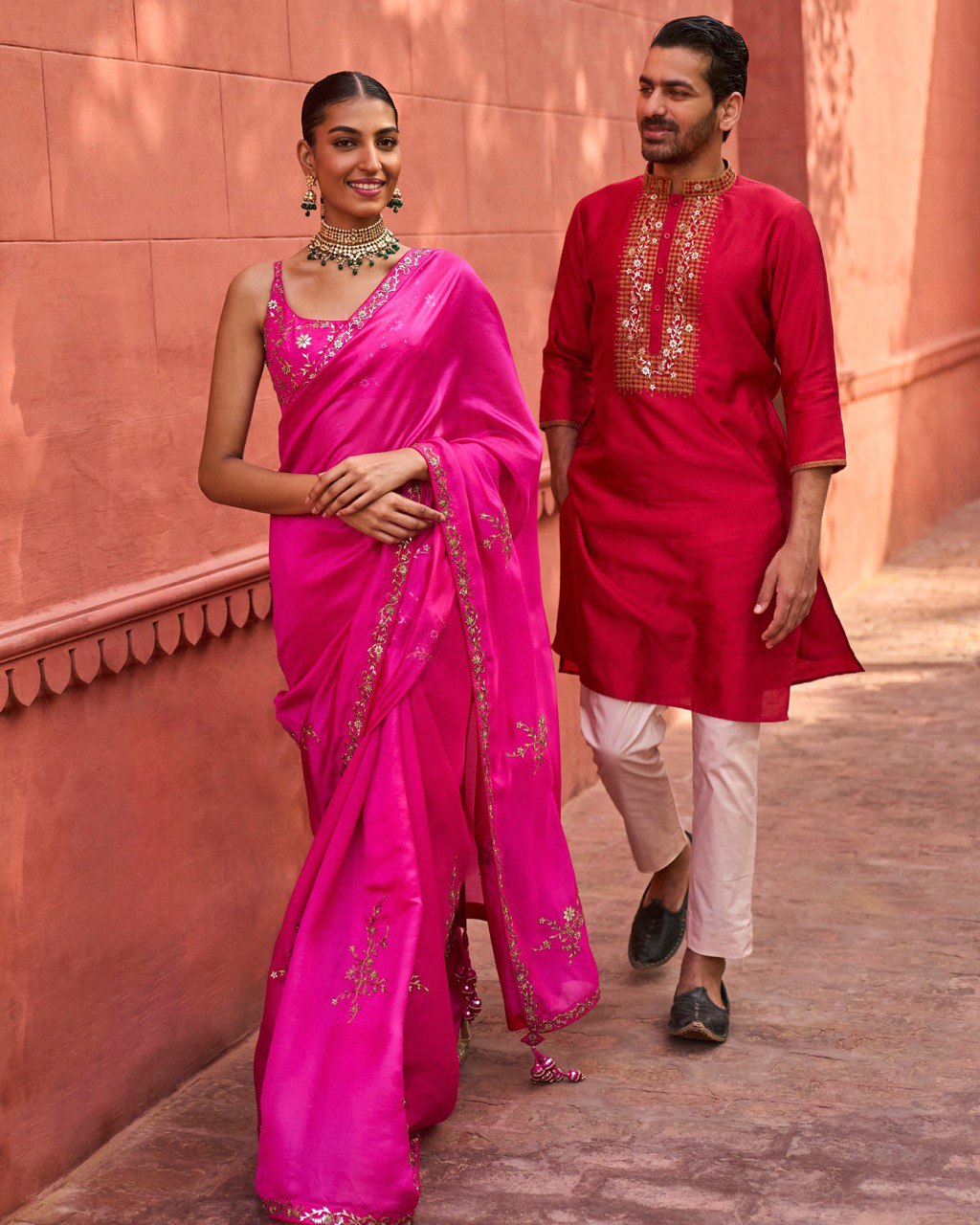 RED JARI NECK EMBROIDERY KURTA PAJAMA SET