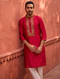 RED JARI NECK EMBROIDERY KURTA PAJAMA SET