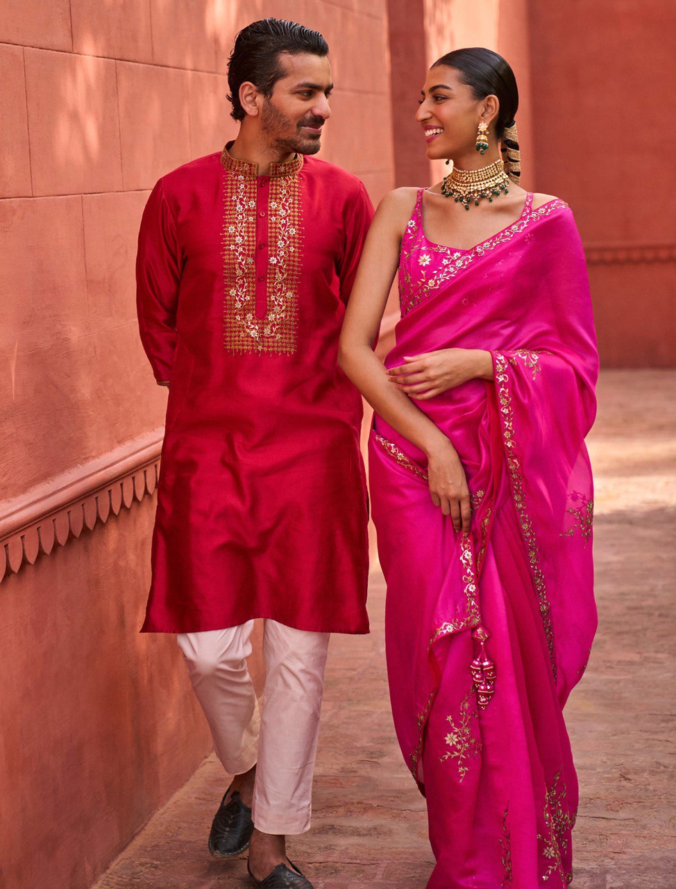 RED JARI NECK EMBROIDERY KURTA PAJAMA SET