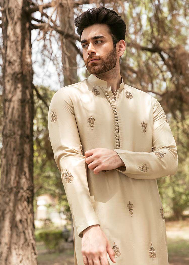 MID CREAM EMBROIDERY WORK MEN'S KURTA WHITE PAJAMA