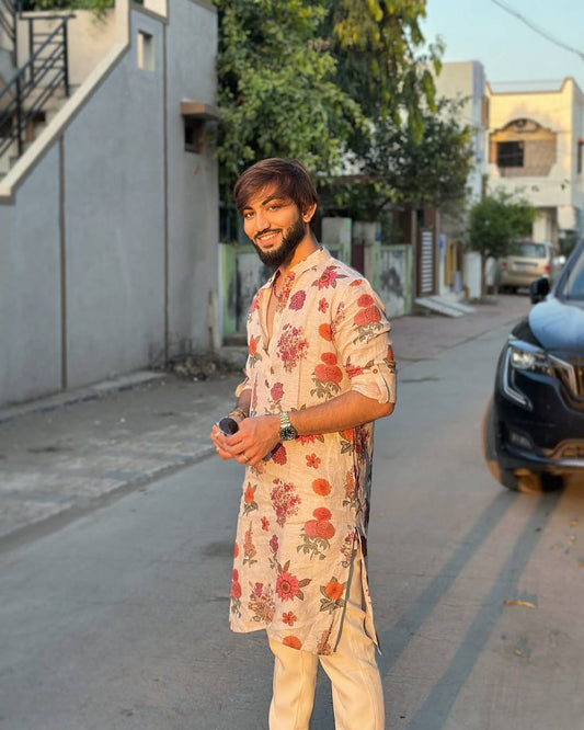 IVORY ROSE  PRINTED KURTA PAJAMA SET FOR MEN'S