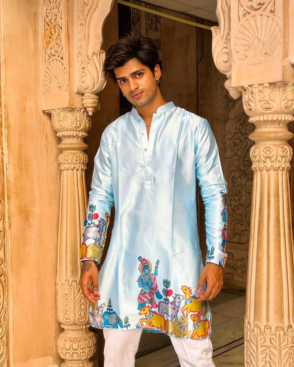 SKY BLUE KRISHNA WITH COW PRINT KURTA PAJAMA