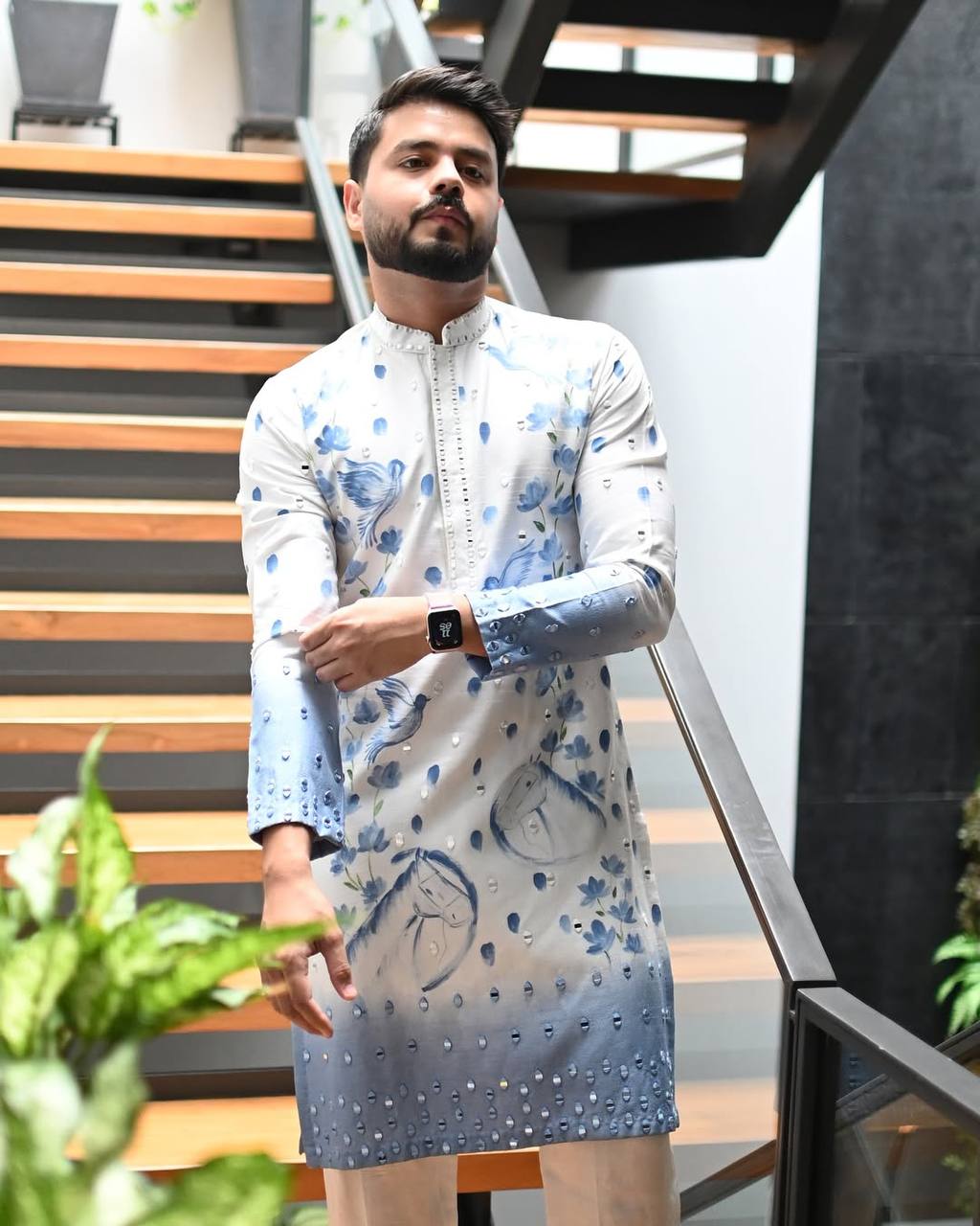 BLUE OMBRE PRINTED AND MIRROR WORK KURTA PAJAMA SET