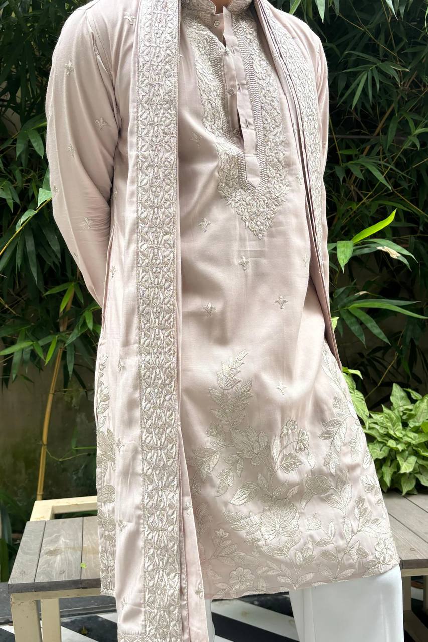 BLUSH PINK EMBROIDERRED KURTA PAJAMA WITH DUPATTA SET FOR MEN'S