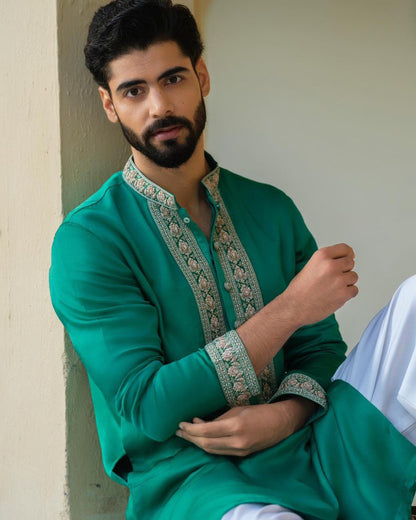 TEAL GREEN NECK JARI HEAVY EMBROIDERED KURTA WITH PANT SET