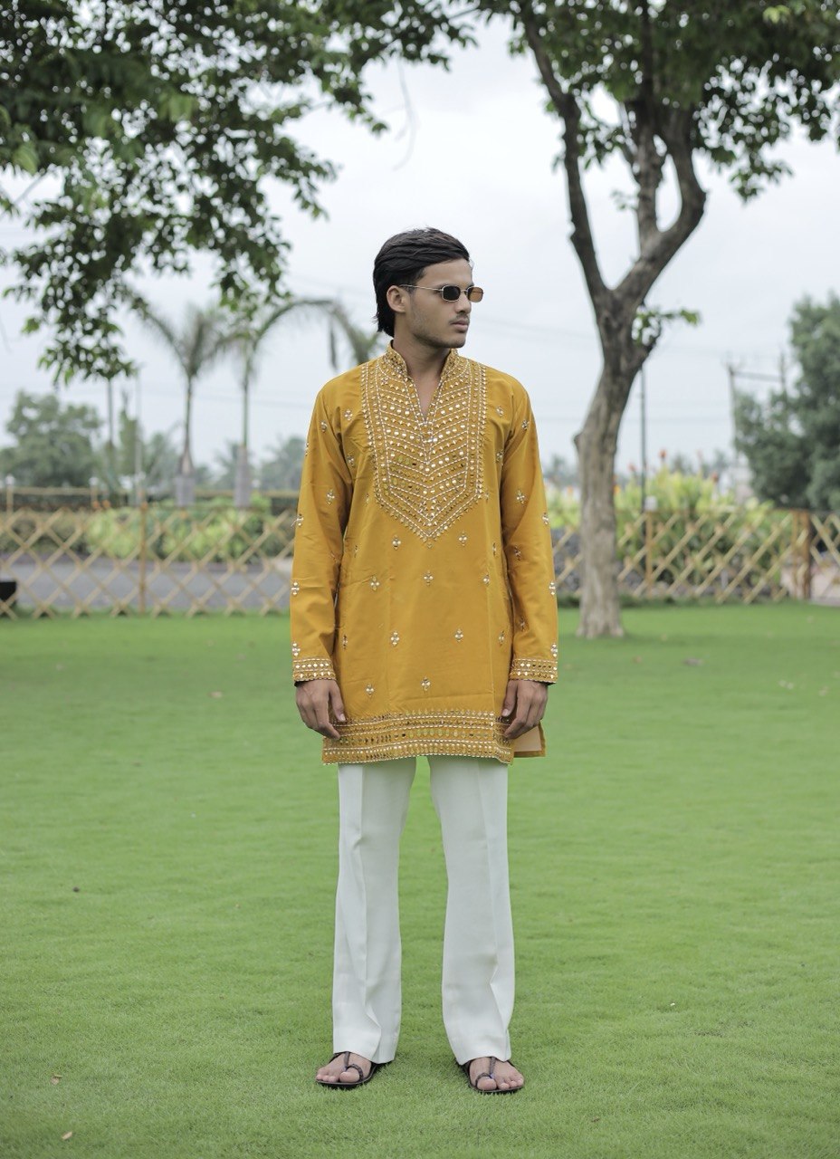 Mustard Yellow V-Neck Kurta with Elegant Butti Work
