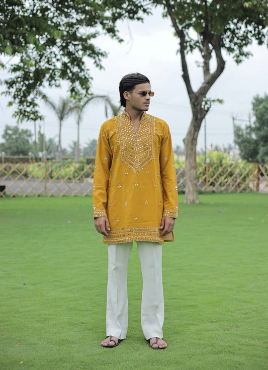 Mustard Yellow V-Neck Kurta with Elegant Butti Work