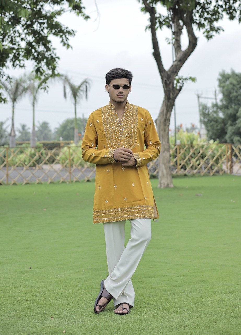 Mustard Yellow V-Neck Kurta with Elegant Butti Work