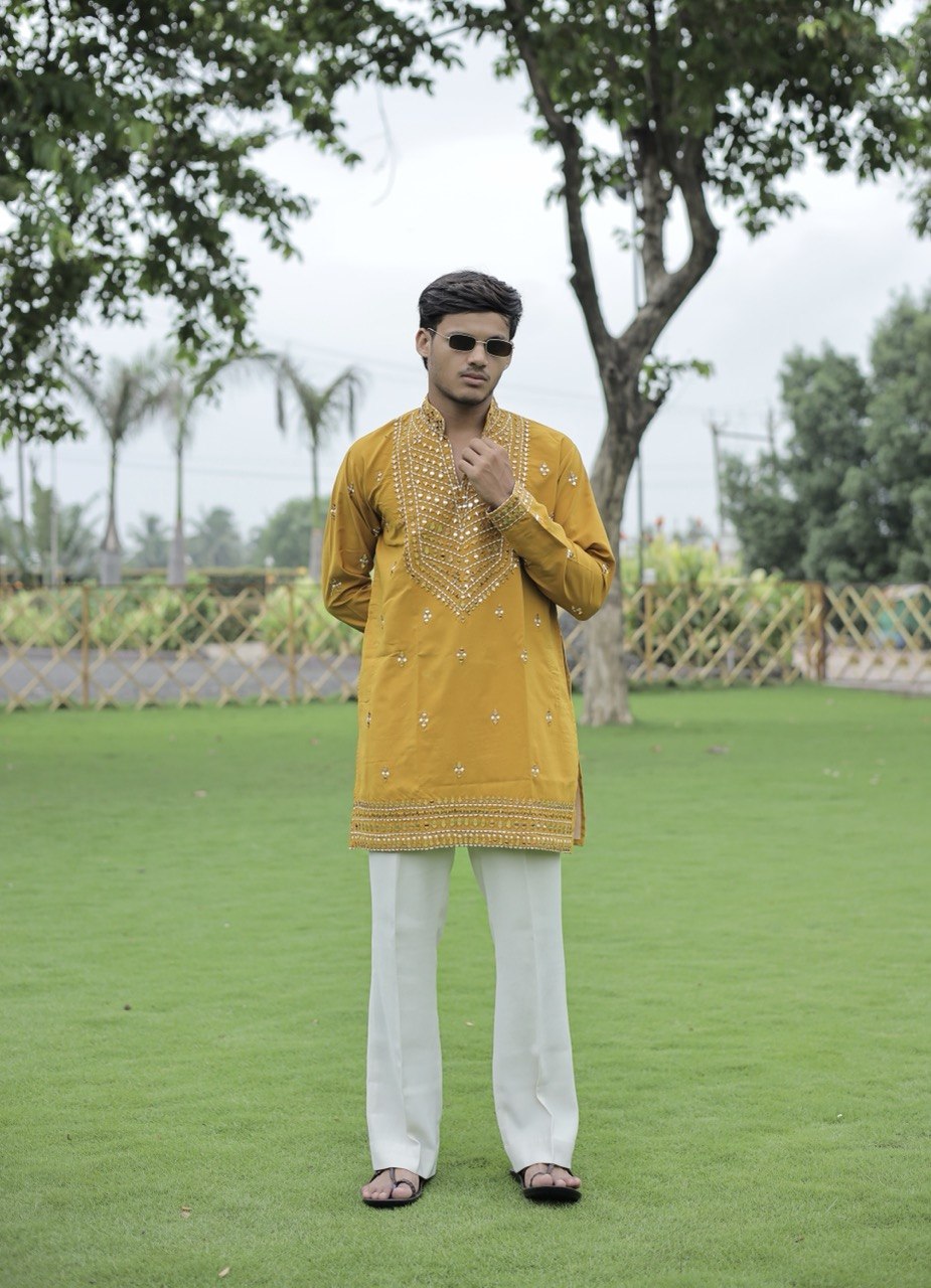 Mustard Yellow V-Neck Kurta with Elegant Butti Work