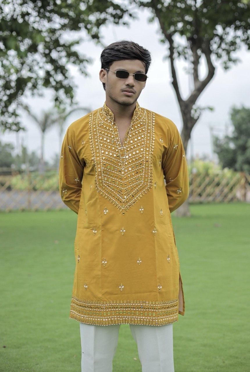 Mustard Yellow V-Neck Kurta with Elegant Butti Work