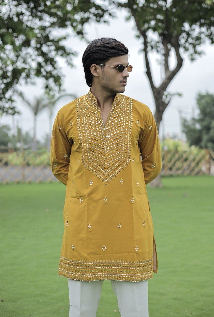 Mustard Yellow V-Neck Kurta with Elegant Butti Work