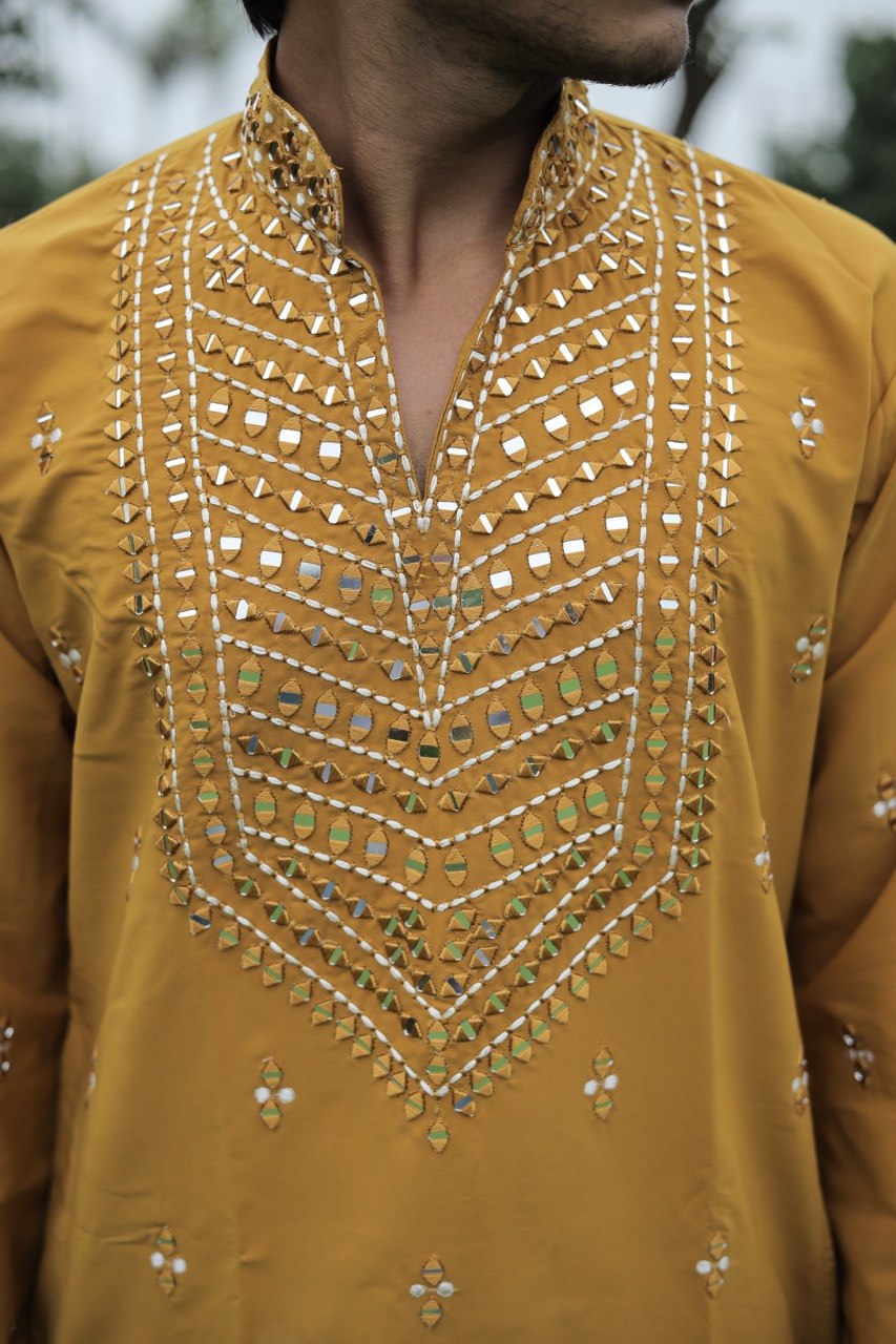 Mustard Yellow V-Neck Kurta with Elegant Butti Work