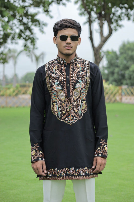 Black Peacock Motif with Mirror Work Kurta