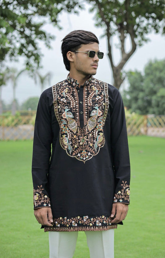 Black Peacock Motif with Mirror Work Kurta