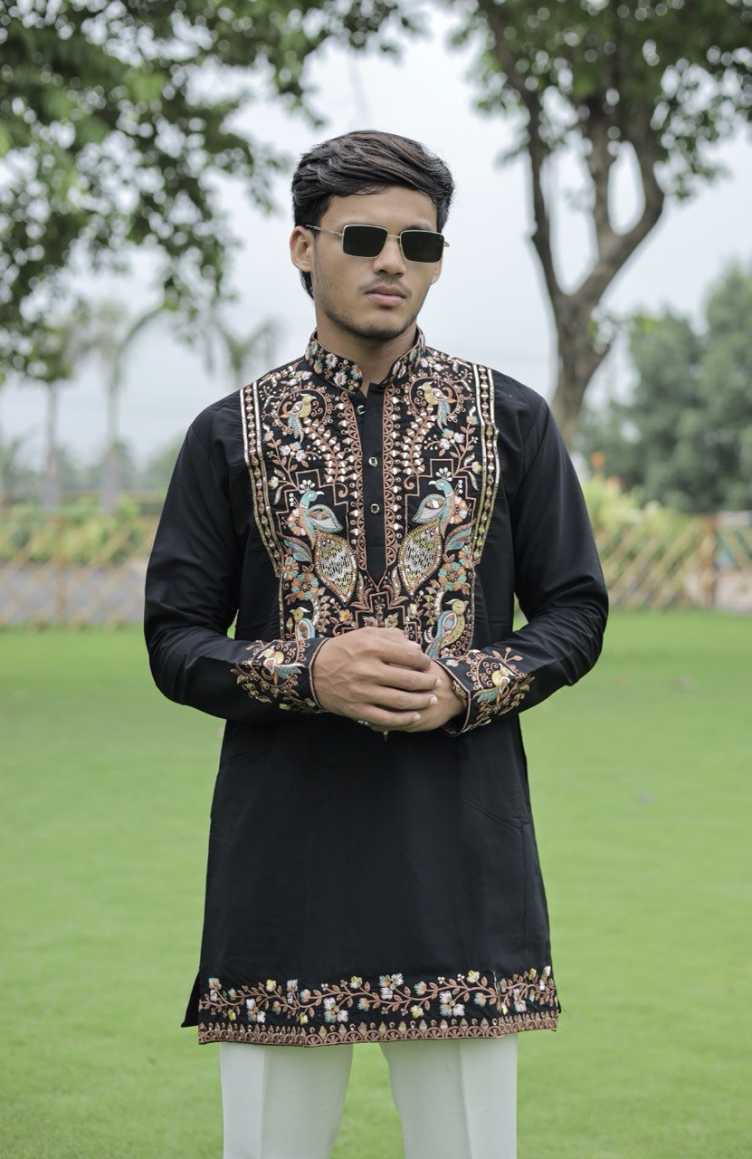 Black Peacock Motif with Mirror Work Kurta