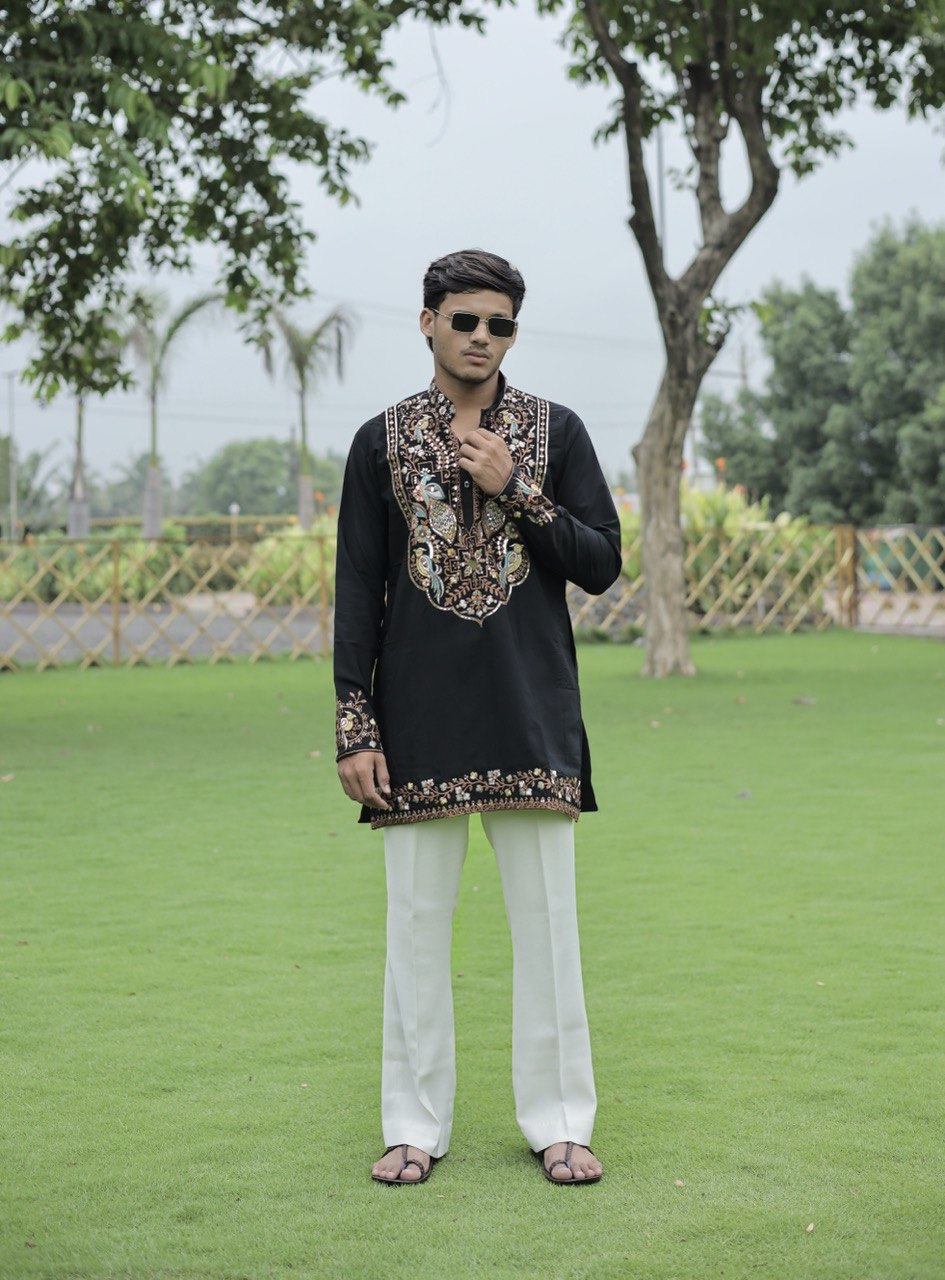 Black Peacock Motif with Mirror Work Kurta