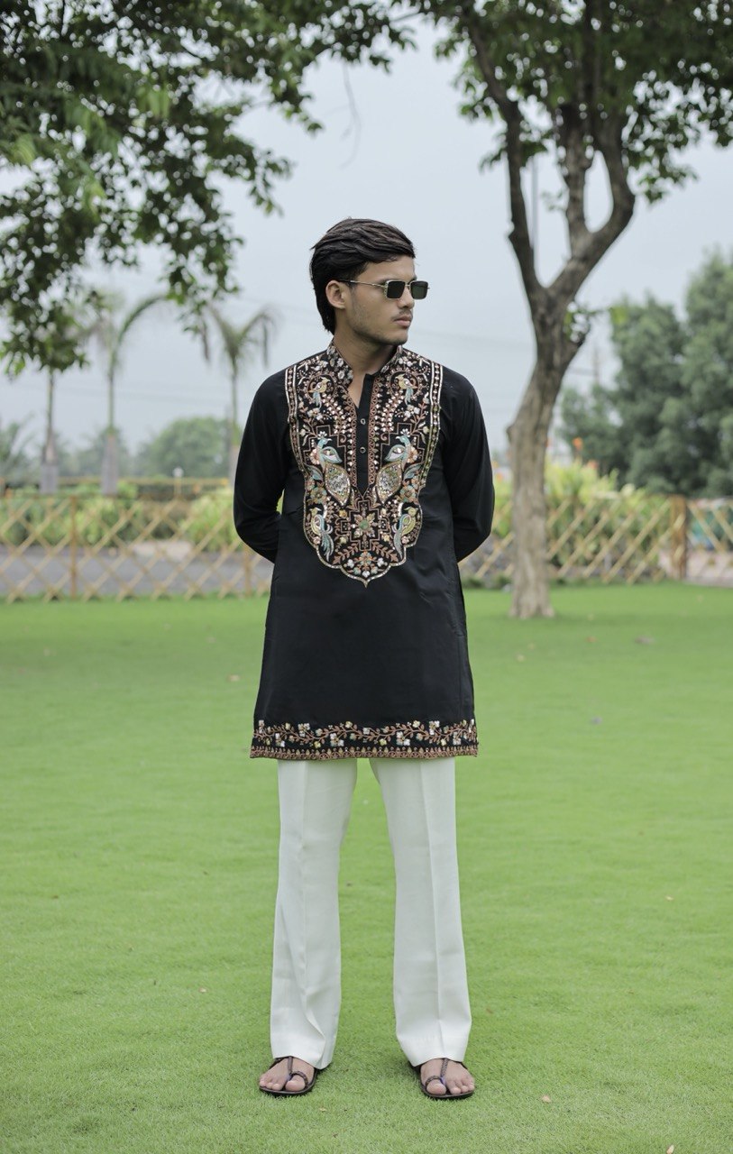 Black Peacock Motif with Mirror Work Kurta
