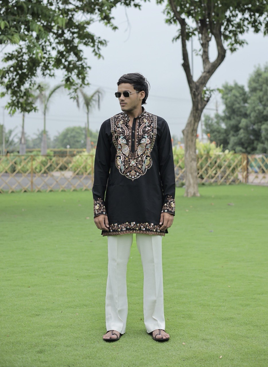 Black Peacock Motif with Mirror Work Kurta