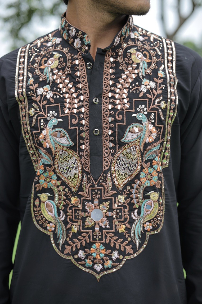 Black Peacock Motif with Mirror Work Kurta