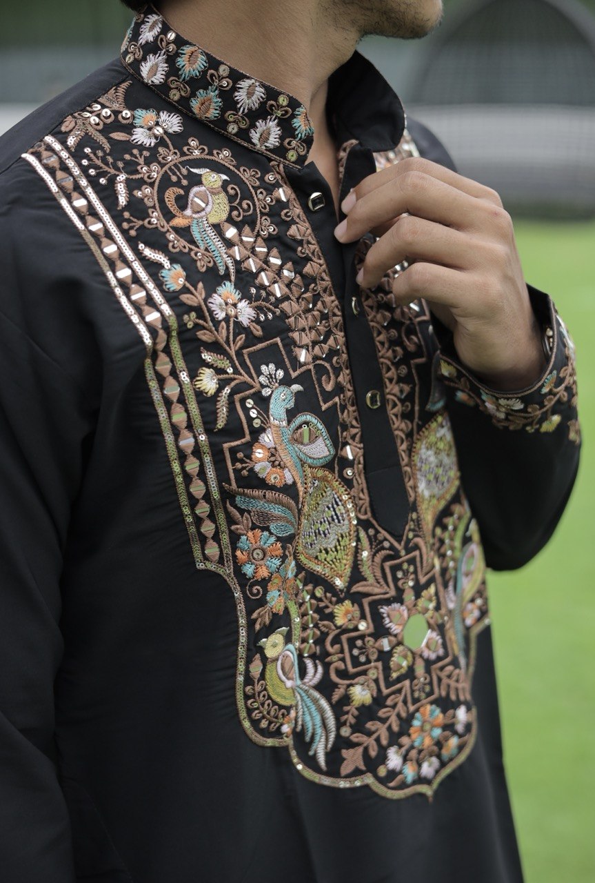 Black Peacock Motif with Mirror Work Kurta