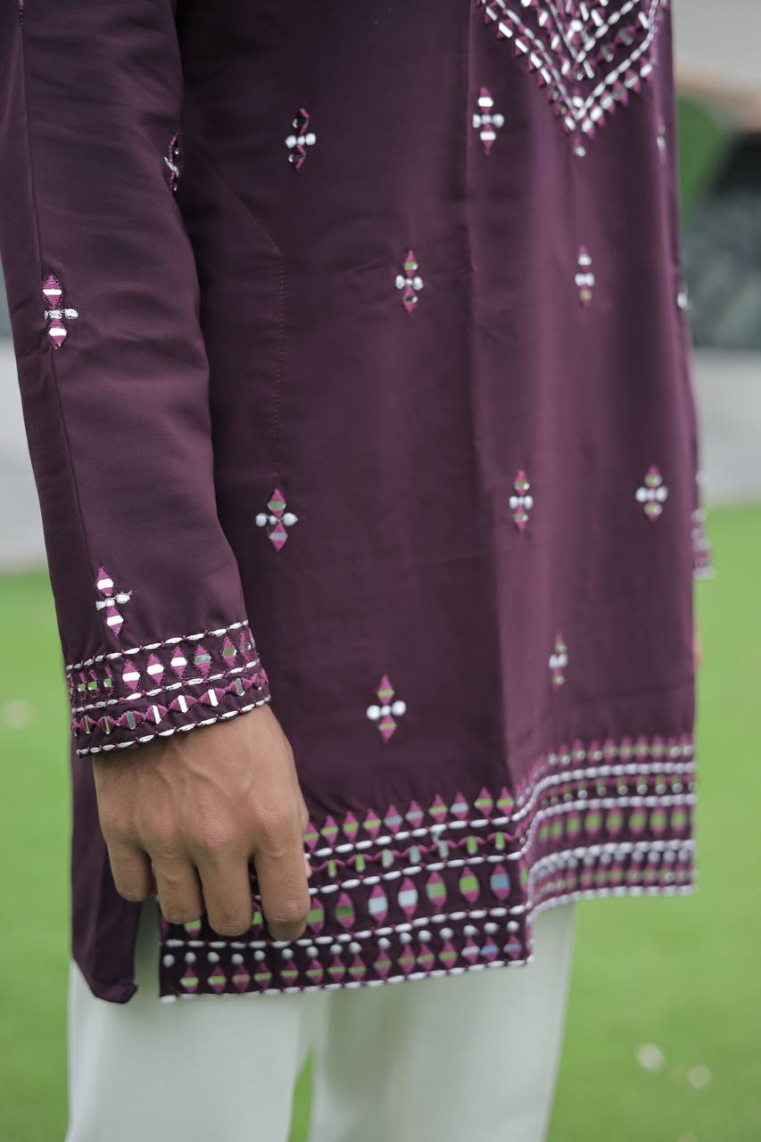 Wine V-Neck Kurta with Elegant Butti Work