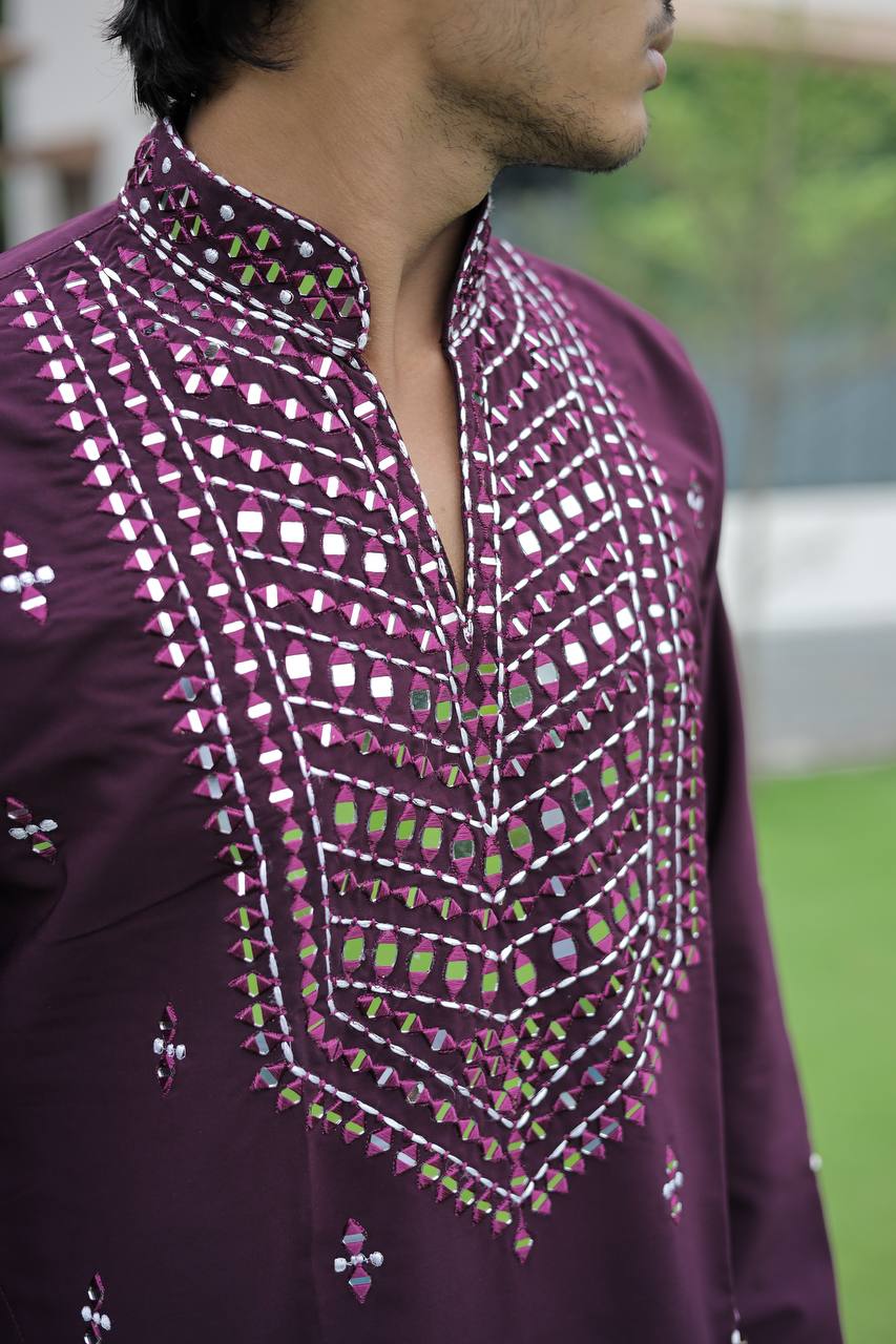Wine V-Neck Kurta with Elegant Butti Work